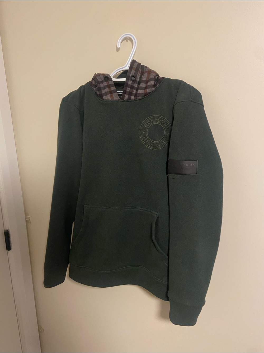 Burberry Dark Green Hooded Pullover with Plaid Lining